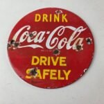 Vintage Coca Cola Porcelain Sign – Drive Safely Soda Pop Gas Pump Service Sign - Image 14