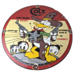 Vintage Colt Fire Arms Sign – Donald Duck Revolvers Pistols Guns Gas Pump Sign