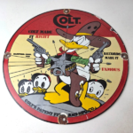 Vintage Colt Fire Arms Sign – Donald Duck Revolvers Pistols Guns Gas Pump Sign - Image 15