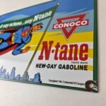 Vintage Conoco Gasoline Sign – Porcelain Gas Pump Superman Comic Figure Sign - Image 13