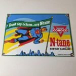 Vintage Conoco Gasoline Sign – Porcelain Gas Pump Superman Comic Figure Sign - Image 15