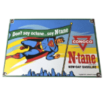 Vintage Conoco Gasoline Sign – Porcelain Gas Pump Superman Comic Figure Sign