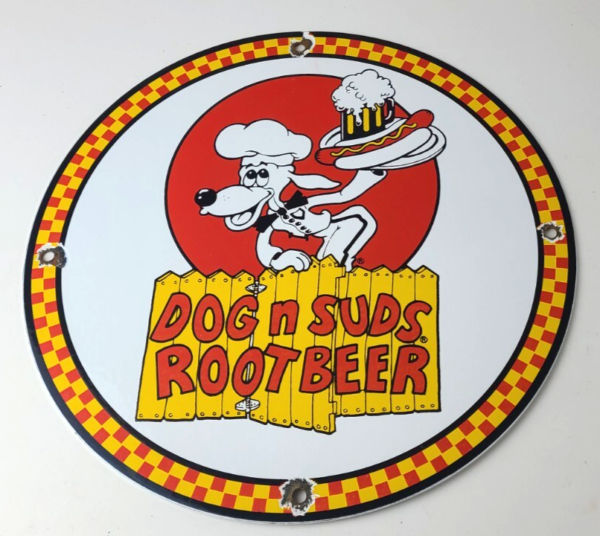 Vintage Dog n Suds Sign – Root Beer & Hot Dogs Advertising Porcelain Sign
