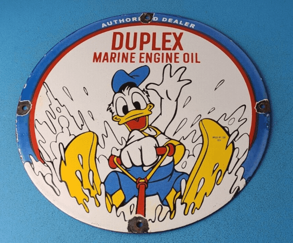 VINTAGE DUPLEX MARINE ENGINE OIL PORCELAIN GAS PUMP SERVICE STATION SIGN