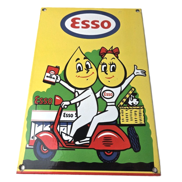vintage-esso-gasoline-porcelain-sign-oil-drop-boy-scooter-vespa-gas-pump-sign-306734312816-600x600-1.png Vintage Esso Gasoline Porcelain Sign – Oil Drop Boy Scooter Vespa Gas Pump Sign - Image 1
