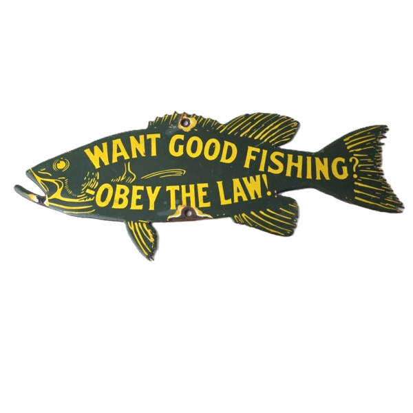 vintage-fishing-obey-law-sign-fish-wildlife-signage-porcelain-gas-pump-sign-306734214296-600x600-1.png Vintage Fishing Obey Law Sign – Fish Wildlife Signage Porcelain Gas Pump Sign - Image 1