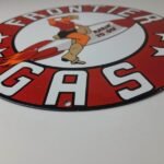 Vintage Frontier Gasoline Sign – Pinup Cowgirl Sign Gas Oil Pump Porcelain Sign - Image 12