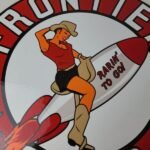 Vintage Frontier Gasoline Sign – Pinup Cowgirl Sign Gas Oil Pump Porcelain Sign - Image 4