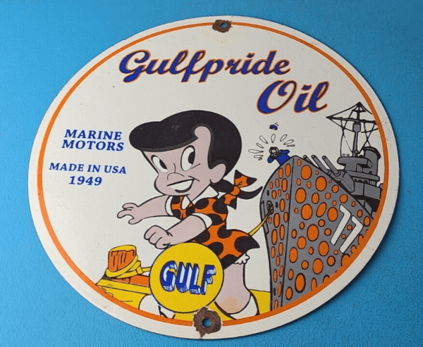 Vintage Gulf Gasoline Sign – Pride Oil Marine Gas Pump Station Porcelain Sign