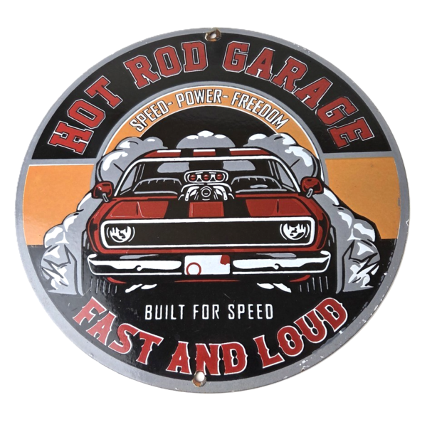 vintage-hot-rod-shop-sign-fast-loud-mechanic-auto-gas-pump-porcelain-sign-306388685832-600x600-1.png Vintage Hot Rod Shop Sign – Fast & Loud Mechanic Auto Gas Pump Porcelain Sign - Image 1