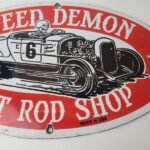 Vintage Hot Rod Shop Sign – Speed Demon Gasoline Service Pump Porcelain Sign - Image 4