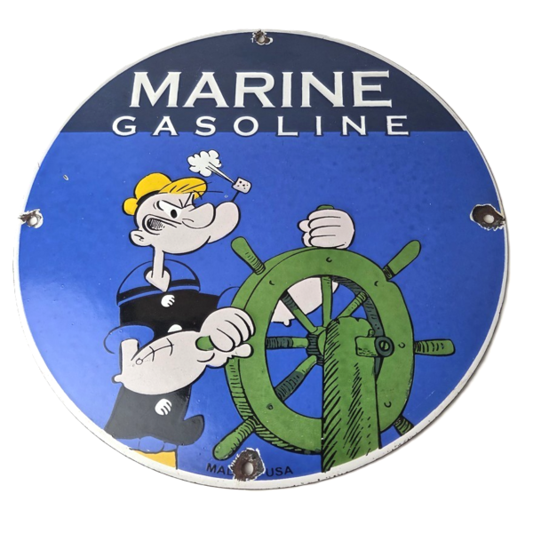 vintage-marine-gasoline-sign-popeye-sailor-porcelain-enamel-gas-oil-pump-sign-306551467836-600x600-1.png Vintage Marine Gasoline Sign – Popeye Sailor Porcelain Enamel Gas Oil Pump Sign - Image 1