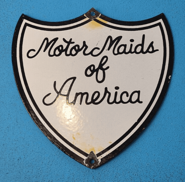 VINTAGE MOTOR MAIDS OF AMERICA PORCELAIN WOMENS MOTORCYCLE CLUB PUMP SIGN