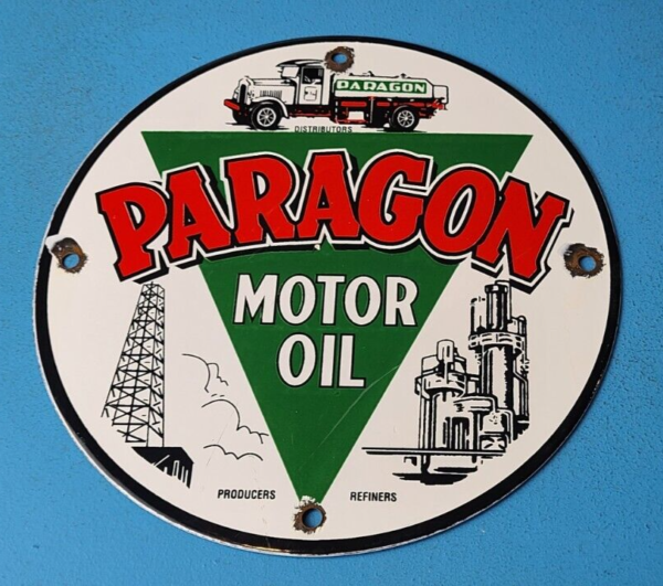 VINTAGE PARAGON GASOLINE PORCELAIN GAS SERVICE STATION REFINERY PUMP PLATE SIGN