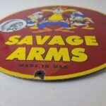 Vintage Savage Arms Sign – Goofy Porcelain Service Gun Ammo Gas Oil Pump Sign - Image 11