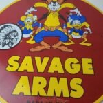 Vintage Savage Arms Sign – Goofy Porcelain Service Gun Ammo Gas Oil Pump Sign - Image 4