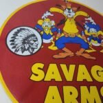 Vintage Savage Arms Sign – Goofy Porcelain Service Gun Ammo Gas Oil Pump Sign - Image 6