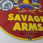 Vintage Savage Arms Sign – Goofy Porcelain Service Gun Ammo Gas Oil Pump Sign - Image 7