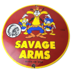 Vintage Savage Arms Sign – Goofy Porcelain Service Gun Ammo Gas Oil Pump Sign