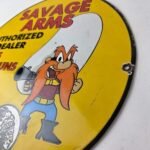 Vintage Savage Arms Sign – Porcelain Service Gun Ammo Auth Dealer Pump Sign - Image 9