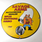 Vintage Savage Arms Sign – Porcelain Service Gun Ammo Auth Dealer Pump Sign - Image 11