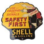 Vintage Shell Gasoline Sign – Safety First Porcelain Gas Pump Plate Sign