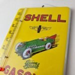 Vintage Shell Porcelain Sign – Green Streak Gasoline Pump Ad Sign On Thermometer - Image 12