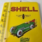 Vintage Shell Porcelain Sign – Green Streak Gasoline Pump Ad Sign On Thermometer - Image 3