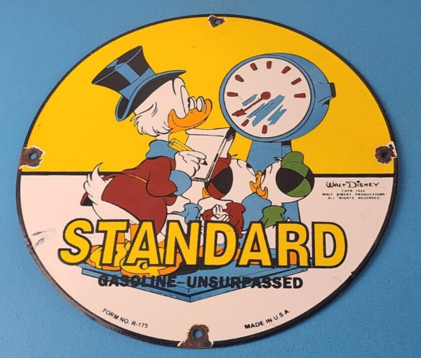 Vintage Standard Gasoline Sign – Walt Disney Gas Oil Pump Plate Porcelain Sign