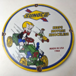 Vintage Sunoco Gasoline Porcelain Sign – Knockless Old Car Cartoon Gas Pump Sign - Image 15