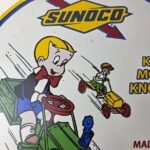 Vintage Sunoco Gasoline Porcelain Sign – Knockless Old Car Cartoon Gas Pump Sign - Image 3