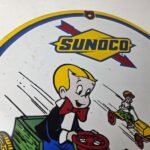 Vintage Sunoco Gasoline Porcelain Sign – Knockless Old Car Cartoon Gas Pump Sign - Image 5