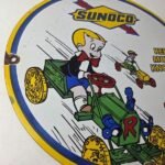 Vintage Sunoco Gasoline Porcelain Sign – Knockless Old Car Cartoon Gas Pump Sign - Image 6