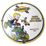 Vintage Sunoco Gasoline Porcelain Sign – Knockless Old Car Cartoon Gas Pump Sign - Image 2