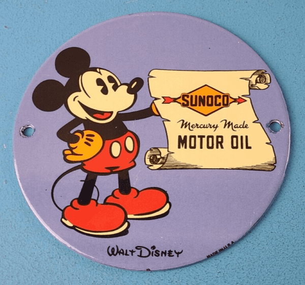 Vintage Sunoco Motor Oils Sign – Walt Disney Mickey Advertisment Porcelain Sign