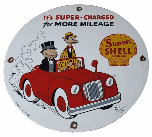 Vintage Super Shell Gasoline Sign – Service Gas Mutt Jeff Porcelain Sign