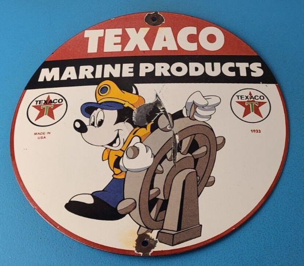 Vintage Texaco Sign – Gas Marine Products Porcelain Mickey Mouse Sign - Image 2