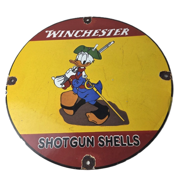 vintage-winchester-porcelain-sign-disney-duck-shot-gun-shells-gas-pump-sign-306528668273-600x600-1.png Vintage Winchester Porcelain Sign – Disney Duck Shot Gun Shells Gas Pump Sign - Image 1