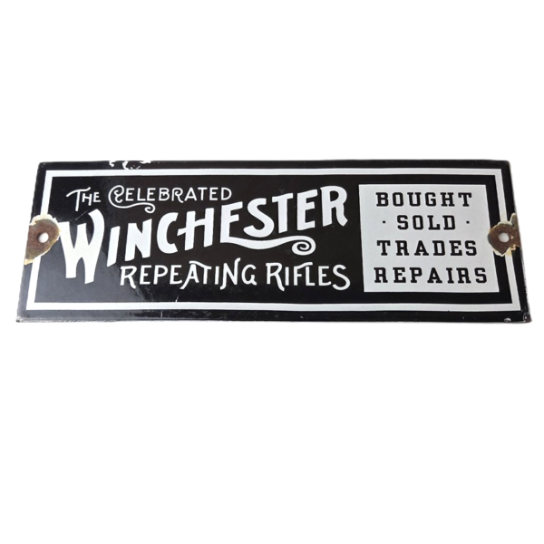 vintage-winchester-rifles-sign-porcelain-repeating-guns-bought-sold-trade-sign-306732734990-600x600-1.png Vintage Winchester Rifles Sign – Porcelain Repeating Guns Bought Sold Trade Sign - Image 1