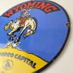 Vintage Wyoming Sign – Buckin Bronco Rodeo Capital Gas Pump Porcelain Sign - Image 13