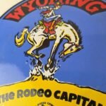 Vintage Wyoming Sign – Buckin Bronco Rodeo Capital Gas Pump Porcelain Sign - Image 4
