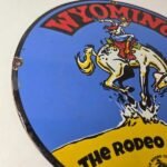 Vintage Wyoming Sign – Buckin Bronco Rodeo Capital Gas Pump Porcelain Sign - Image 6