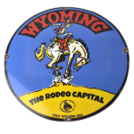 Vintage Wyoming Sign – Buckin Bronco Rodeo Capital Gas Pump Porcelain Sign - Image 2