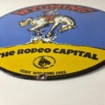 Vintage Wyoming Sign – Buckin Bronco Rodeo Capital Gas Pump Porcelain Sign - Image 10
